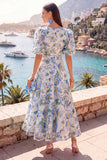 A-Line Blue V-Neck Midi Floral Dress with Puff Sleeves