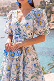 A-Line Blue V-Neck Midi Floral Dress with Puff Sleeves