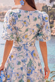 A-Line Blue V-Neck Midi Floral Dress with Puff Sleeves