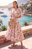 A-Line Blue V-Neck Midi Floral Dress with Puff Sleeves