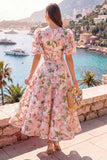 A-Line Blue V-Neck Midi Floral Dress with Puff Sleeves