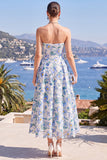 Pink A-Line Strapless Midi Floral Dress