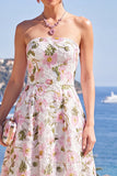 Pink A-Line Strapless Midi Floral Dress