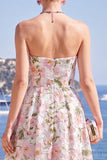 Pink A-Line Strapless Midi Floral Dress