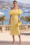 Off the Shoulder Yellow Bodycon Ruffled Floral Midi Dress