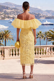Off the Shoulder Yellow Bodycon Ruffled Floral Midi Dress