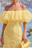 Off the Shoulder Yellow Bodycon Ruffled Floral Midi Dress