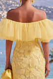 Off the Shoulder Yellow Bodycon Ruffled Floral Midi Dress