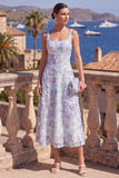 Green A-Line Square Neck Beaded Midi Floral Dress with Lace Up Back