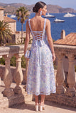 Green A-Line Square Neck Beaded Midi Floral Dress with Lace Up Back