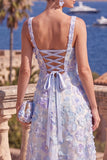Green A-Line Square Neck Beaded Midi Floral Dress with Lace Up Back