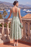 Green A-Line Square Neck Beaded Midi Floral Dress with Lace Up Back