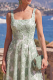 Green A-Line Square Neck Beaded Midi Floral Dress with Lace Up Back