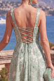 Green A-Line Square Neck Beaded Midi Floral Dress with Lace Up Back