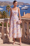 Green A-Line Square Neck Beaded Midi Floral Dress with Lace Up Back
