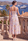 Green A-Line Square Neck Beaded Midi Floral Dress with Lace Up Back
