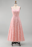 Elegant A-Line Pink Floral Sequin Midi Wedding Guest & Evening Gown