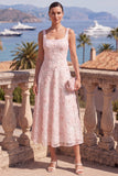 Green A-Line Square Neck Beaded Midi Floral Dress with Lace Up Back
