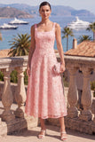 Elegant A-Line Pink Floral Sequin Midi Wedding Guest & Evening Gown