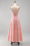 Elegant A-Line Pink Floral Sequin Midi Wedding Guest & Evening Gown