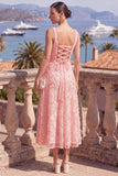 Elegant A-Line Pink Floral Sequin Midi Wedding Guest & Evening Gown