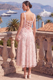 Green A-Line Square Neck Beaded Midi Floral Dress with Lace Up Back