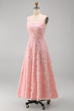Elegant A-Line Pink Floral Sequin Midi Wedding Guest & Evening Gown