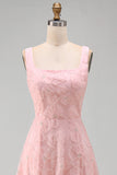 Elegant A-Line Pink Floral Sequin Midi Wedding Guest & Evening Gown