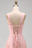 Elegant A-Line Pink Floral Sequin Midi Wedding Guest & Evening Gown