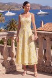 Green A-Line Square Neck Beaded Midi Floral Dress with Lace Up Back