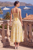 Green A-Line Square Neck Beaded Midi Floral Dress with Lace Up Back