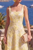 Green A-Line Square Neck Beaded Midi Floral Dress with Lace Up Back
