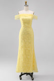 Off the Shoulder Yellow Mermaid Floral Embroidery Midi Dress with Beading