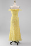 Off the Shoulder Yellow Mermaid Floral Embroidery Midi Dress with Beading