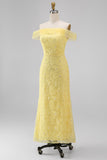 Off the Shoulder Yellow Mermaid Floral Embroidery Midi Dress with Beading