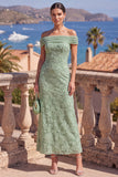 Off the Shoulder Sage Green Mermaid Floral Midi Dress with Beading