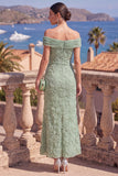 Off the Shoulder Sage Green Mermaid Floral Midi Dress with Beading