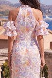 Mermaid Halter Neck Blue Purple Ruffled Floral Maxi Dress with Slit