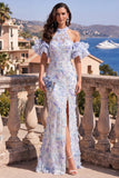 Mermaid Halter Neck Blue Purple Ruffled Floral Maxi Dress with Slit