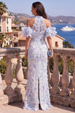 Mermaid Halter Neck Blue Purple Ruffled Floral Maxi Dress with Slit