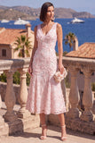 A-Line Blue V-Neck Midi Floral Dress with Beading