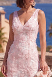 A-Line Blue V-Neck Midi Floral Dress with Beading