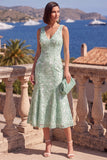 A-Line Blue V-Neck Midi Floral Dress with Beading