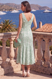A-Line Blue V-Neck Midi Floral Dress with Beading