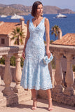 A-Line Blue V-Neck Midi Floral Dress with Beading