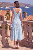A-Line Blue V-Neck Midi Floral Dress with Beading