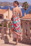 Pink Red Flower A-Line Spaghetti Straps Pleated Ruffled Midi Dress with Slit