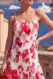 Pink Red Flower A-Line Spaghetti Straps Pleated Ruffled Midi Dress with Slit