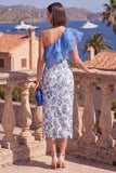 One Shoulder Blue Bodycon Ruffled Midi Floral Dress with Slit