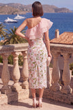 One Shoulder Blue Bodycon Ruffled Midi Floral Dress with Slit